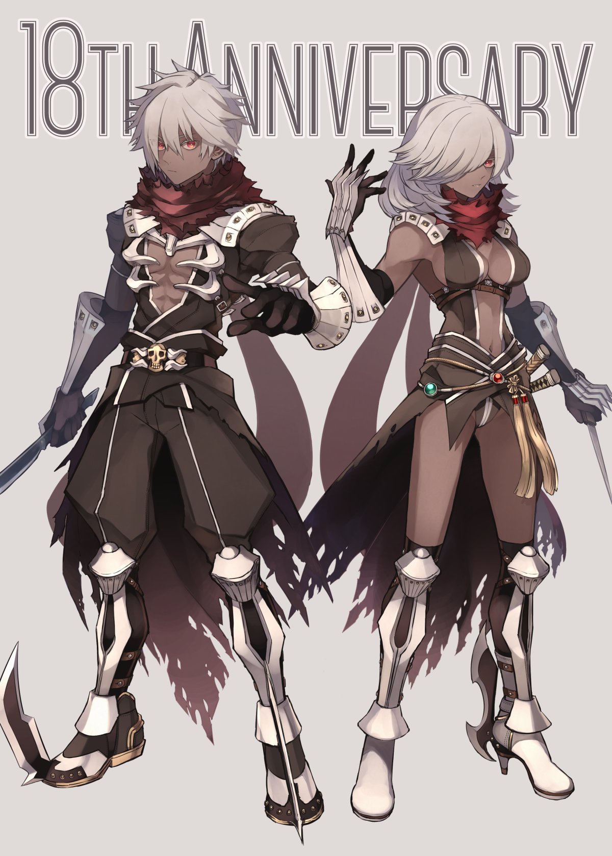 1boy, 1girl, anniversary, armor, armored_boots, assassin_cross_(ragnarok_online), bangs, black_cape