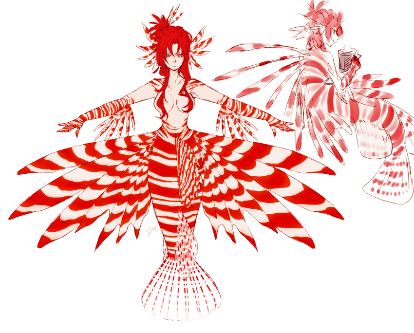 1girl, breasts, breasts_apart, character_sheet, closed_mouth, cloud_ya, colored_skin, expressionless, fins, full_body, highres, honkai_(series), honkai_impact_3rd, lionfish, long_hair, looking_at_viewer, mermaid, monster_girl, monsterification, multiple_views, murata_himeko, redhead, sidelocks, simple_background, sketch, white_background, white_skin, yellow_eyes