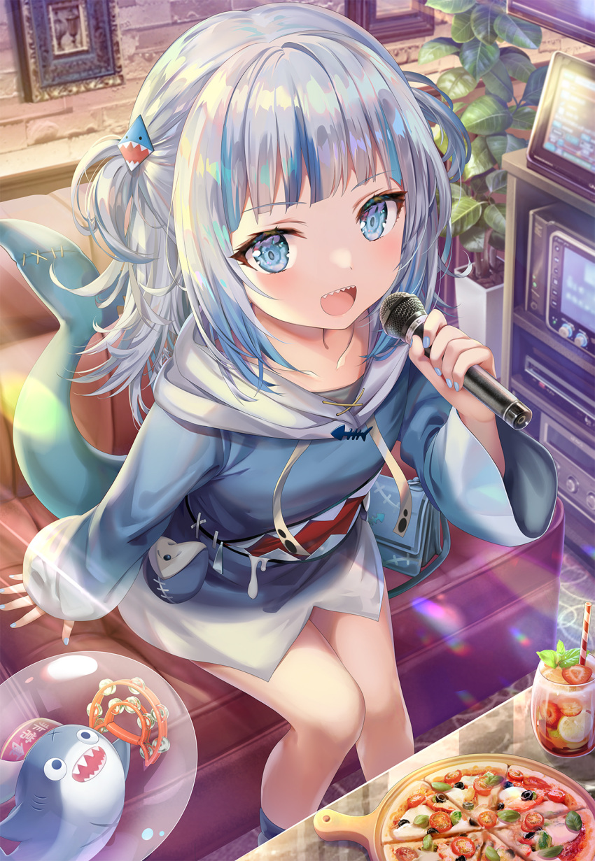 1girl, animal_costume, bangs, blue_eyes, blue_hair, blue_hoodie, blunt_bangs, blush