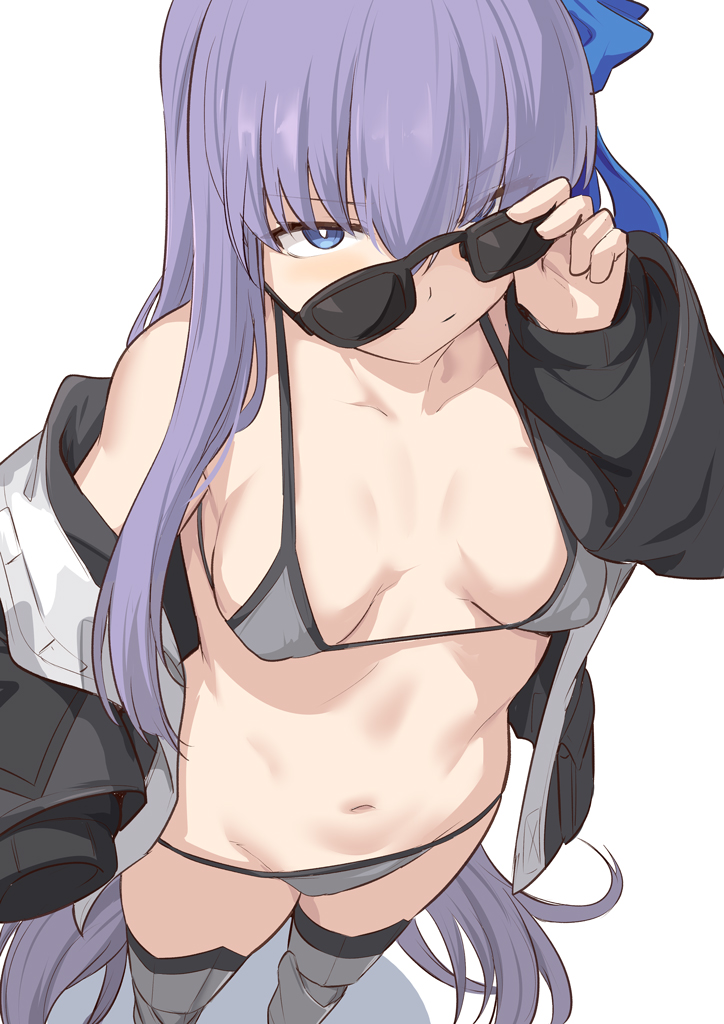 1girl, adjusting_eyewear, animal_hood, bangs, bikini, blue_eyes, blush, breasts, collarbone, fate/grand_order, fate_(series), from_above, frown, grey_bikini, hood, long_hair, long_sleeves, looking_at_viewer, meltryllis, meltryllis_(swimsuit_lancer)_(fate), navel, penguin_hood, purple_hair, shiseki_hirame, simple_background, single_bare_shoulder, sleeves_past_fingers, sleeves_past_wrists, small_breasts, solo, sunglasses, swimsuit, very_long_hair, white_background