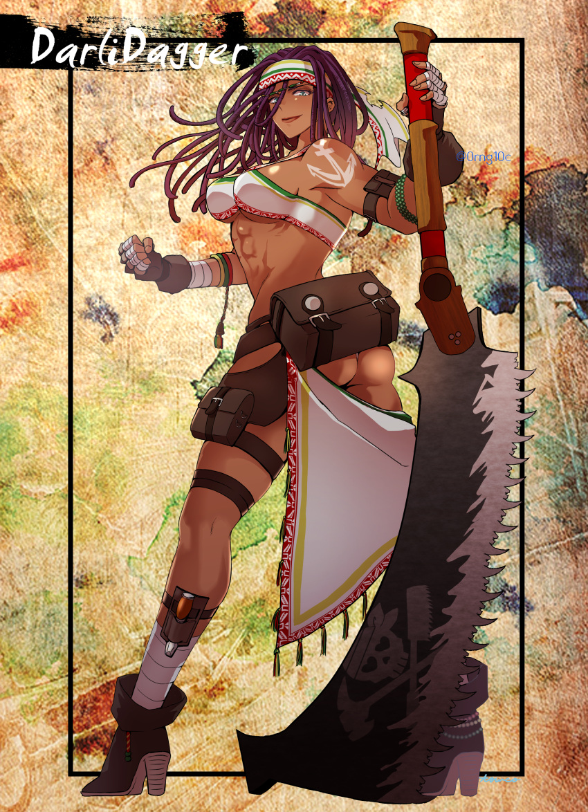1girl, abs, absurdres, anchor_tattoo, animal_ears, ankle_boots, arm_pouch, ass