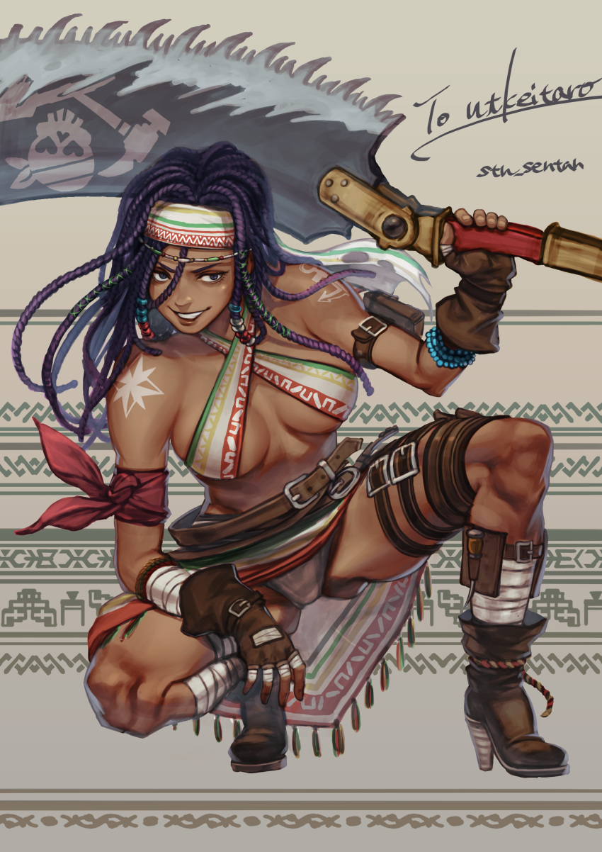 1girl, absurdres, anchor_tattoo, ankle_boots, arm_pouch, armband, bandaged_leg, bandages