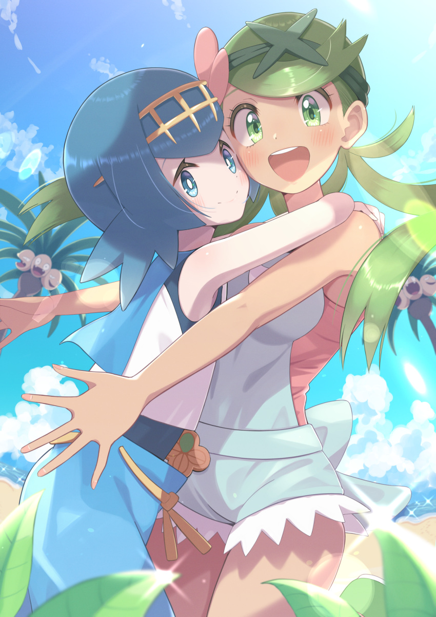 2girls, alolan_exeggutor, alolan_form, bangs, blue_eyes, blue_hair, blue_pants, blush