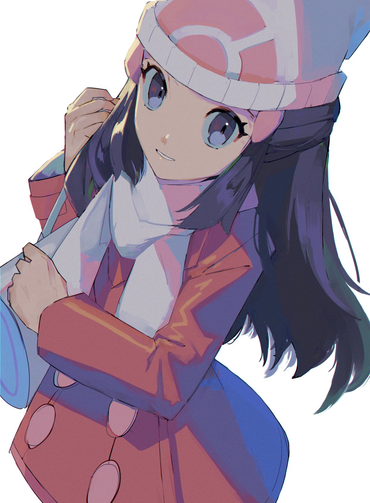 1girl, bag, beanie, black_hair, coat, hikari_(pokemon), duffel_bag, eyelashes, grey_eyes, hair_ornament, hairclip, hat, highres, long_hair, long_sleeves, moji_(ld_ipx), parted_lips, pokemon, pokemon_(game), pokemon_dppt, pokemon_platinum, scarf, sidelocks, solo, symbol_commentary, white_background, white_bag, white_headwear, white_scarf