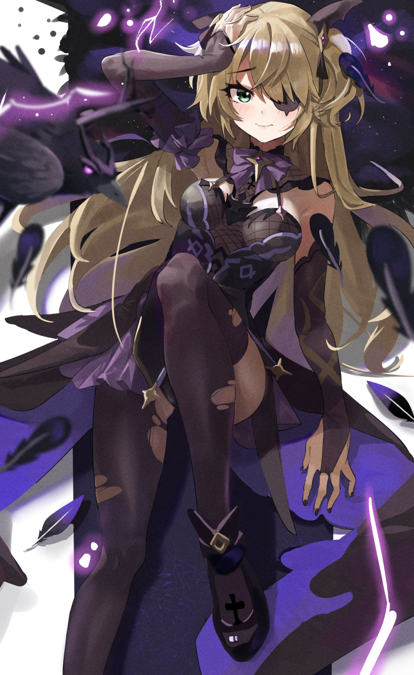 absurdres, bird, black_eyepatch, black_nails, bow, chuunibyou, eyepatch, fischl_(genshin_impact), fishnets, garter_straps, genshin_impact, green_eyes, hair_over_one_eye, highres, hirasawagitai, oz_(genshin_impact), purple_bow, purple_neckwear, raven_(animal), single_leg_pantyhose, single_thighhigh, thigh-highs, two_side_up