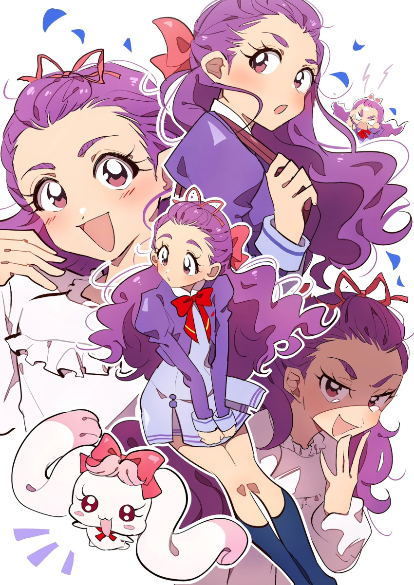 6+girls, absurdres, blush, bow, bowtie, eyelashes, grgrton, hair_ornament, hair_ribbon, half_updo, happy, highres, juliet_sleeves, l'ecole_des_cinq_lumieres_school_uniform, laughing, long_hair, long_sleeves, looking_at_viewer, milk_(yes!_precure_5), mimino_kurumi, multiple_girls, multiple_persona, open_mouth, precure, puffy_long_sleeves, puffy_sleeves, purple_hair, ribbon, school_uniform, shoes, simple_background, smile, socks, solo, standing, violet_eyes, white_background, yes!_precure_5, yes!_precure_5_gogo!