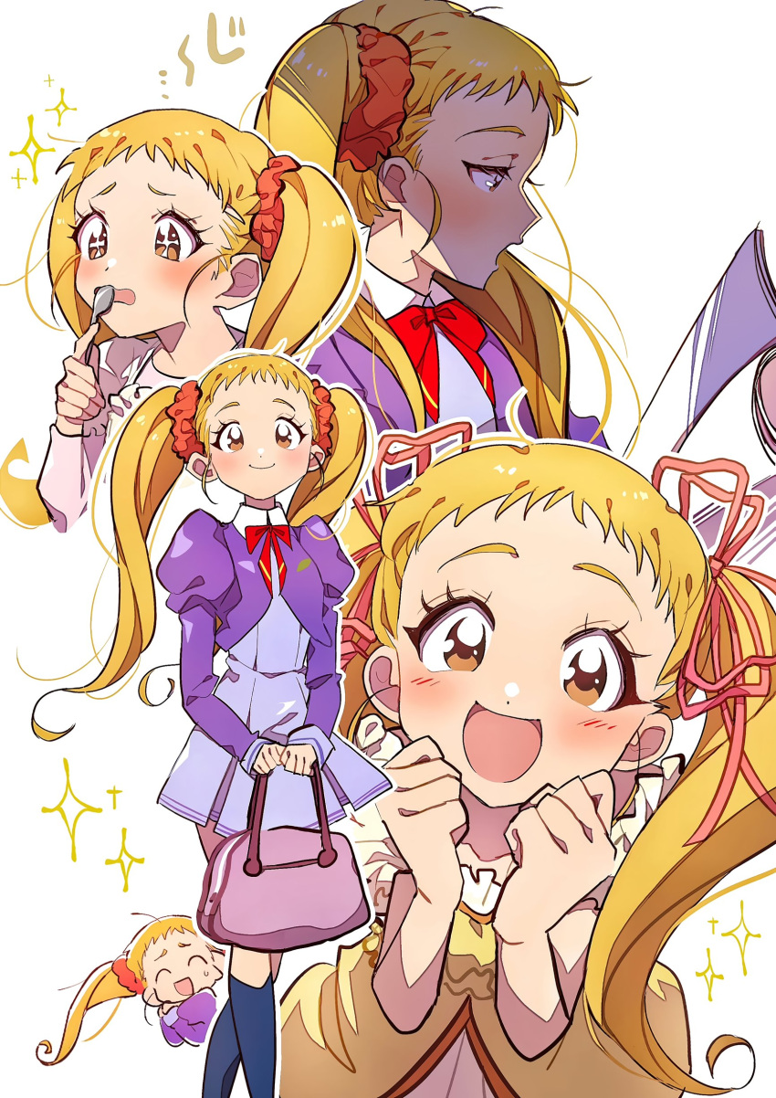 5girls, absurdres, blonde_hair, blush, eating, eyelashes, grgrton, hair_ornament