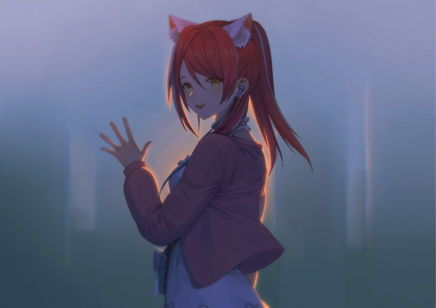 1girl, animal_ear_fluff, animal_ears, bangs, cardigan, dress, goodbye, hololive