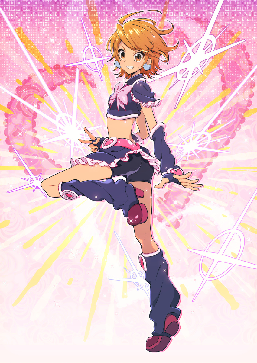 1girl, absurdres, arm_warmers, belt, bike_shorts, black_gloves, black_legwear, black_shirt, black_shorts, black_skirt, boots, commentary_request, cure_black, earrings, eyelashes, fingerless_gloves, frilled_skirt, frilled_sleeves, frills, futari_wa_precure, gloves, gradient, gradient_background, happy, heart, heart_background, heart_belt, heart_earrings, high_heel_boots, high_heels, highres, jewelry, ksheera, leg_warmers, looking_at_viewer, magical_girl, messy_hair, midriff, misumi_nagisa, orange_eyes, orange_hair, pink_background, pink_ribbon, platform_footwear, pose, precure, ribbon, shirt, short_hair, short_sleeves, shorts, shorts_under_skirt, skirt, smile, solo, standing, v