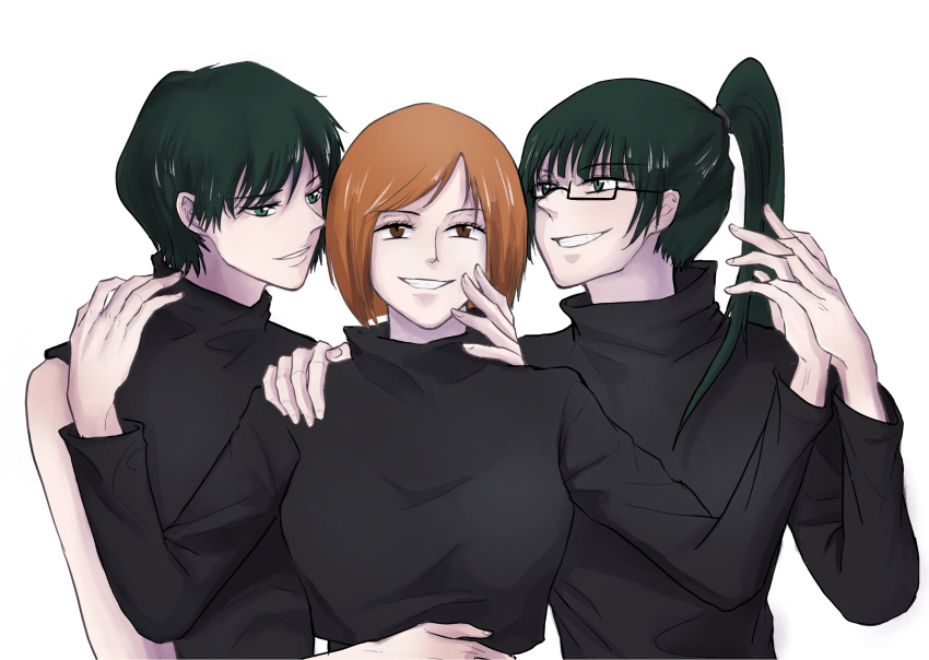 3girls, arm_around_shoulder, black_eyes, black_hair, black_shirt, breasts, brown_hair, couple
