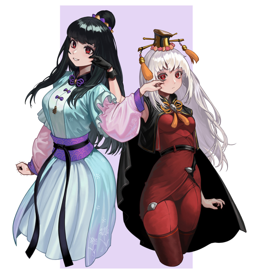 2girls, :/, absurdres, anger_vein, bangs, belt, black_belt, black_cloak