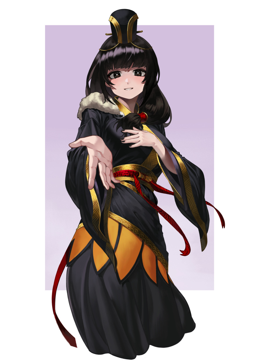 1girl, absurdres, bangs, black_dress, black_eyes, black_hair, black_headwear, black_nails, blunt_bangs, border, breasts, bright_pupils, chen_gong, cowboy_shot, cropped_legs, dress, fur_collar, geminingen, genderswap, genderswap_(mtf), gold_trim, hair_tubes, hand_on_own_chest, hat, highres, korean_commentary, long_hair, outstretched_hand, parted_lips, purple_background, red_sash, romance_of_the_three_kingdoms, sash, solo, white_border, white_pupils, wide_sleeves