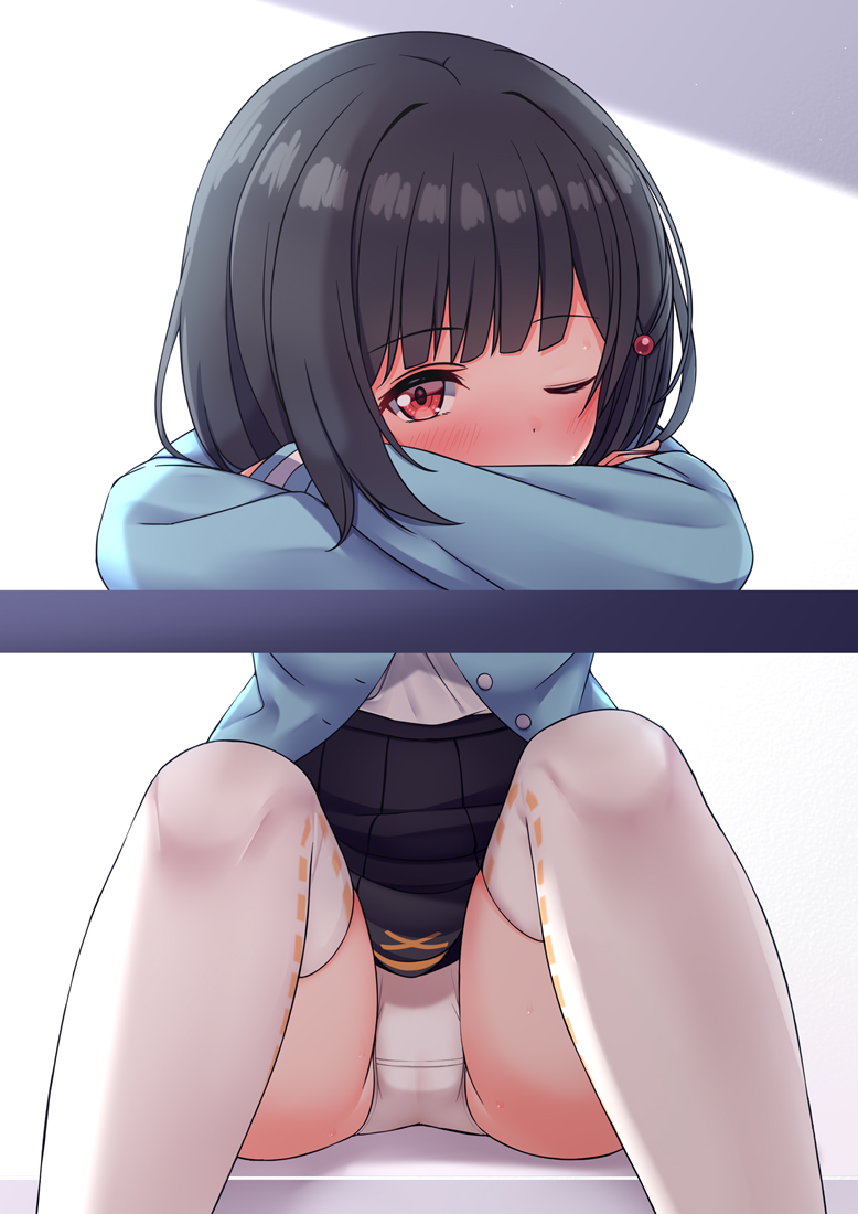 1girl, bangs, black_hair, black_skirt, blue_jacket, blush, chaostein, commentary_request