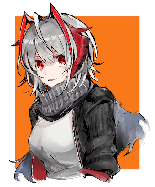 1girl, arknights, black_jacket, horns, jacket, open_mouth, red_eyes, scarf