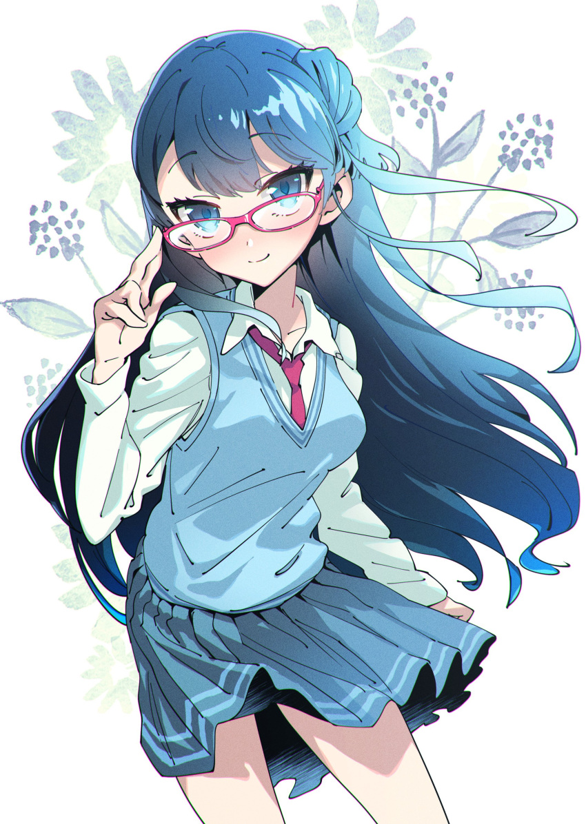 1girl, absurdres, adjusting_eyewear, bangs, blue_eyes, blue_hair, blue_skirt, blue_sweater, collared_shirt, eyelashes, floral_background, glasses, happy, highres, hugtto!_precure, ksheera, long_hair, looking_at_viewer, necktie, precure, red_neckwear, school_uniform, shirt, side_bun, skirt, smile, solo, standing, sweater, sweater_vest, tied_hair, white_background, white_shirt, wing_collar, yakushiji_saaya