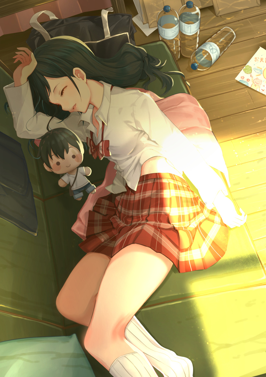 1girl, absurdres, amano_hina_(tenki_no_ko), black_hair, blush, bottle, closed_eyes, hair_down