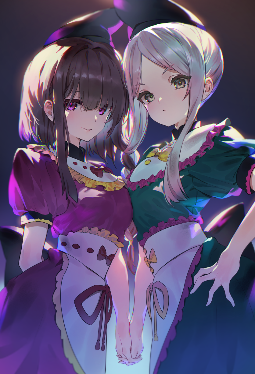2girls, :/, apron, arm_behind_back, backlighting, bangs, black_headwear, bow, bowtie, breast_press, breasts, brown_hair, closed_mouth, collar, collared_dress, dress, eyebrows_visible_through_hair, frilled_collar, frilled_dress, frills, green_dress, green_hair, hand_on_hip, hat, highres, holding_hands, interlocked_fingers, intertwined_hair, light_blush, long_bangs, mandarin_collar, multiple_girls, nishida_satono, parted_bangs, parted_lips, pink_dress, puffy_short_sleeves, puffy_sleeves, purple_dress, red_bow, red_ribbon, ribbon, ribbon_trim, short_hair, short_hair_with_long_locks, short_sleeves, silver_hair, sleeve_cuffs, small_breasts, smile, tate_eboshi, teireida_mai, touhou, uu_uu_zan, violet_eyes, waist_apron, yellow_bow, yellow_ribbon