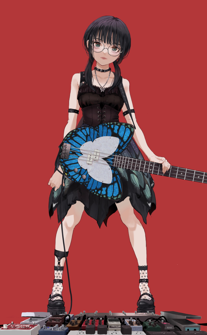 1girl, absurdres, bangs, bare_shoulders, bass_guitar, black_collar, black_dress, black_footwear, black_hair, butterfly_necklace, closed_mouth, collar, collarbone, commentary_request, corset, dress, eyebrows_behind_hair, freckles, full_body, glasses, green_eyes, grey-framed_eyewear, hasisisissy, highres, holding, holding_instrument, instrument, jewelry, long_hair, looking_at_viewer, low_twintails, necklace, original, platform_footwear, red_background, round_eyewear, see-through, shoes, simple_background, sleeveless, sleeveless_dress, smile, socks, solo, standing, twintails
