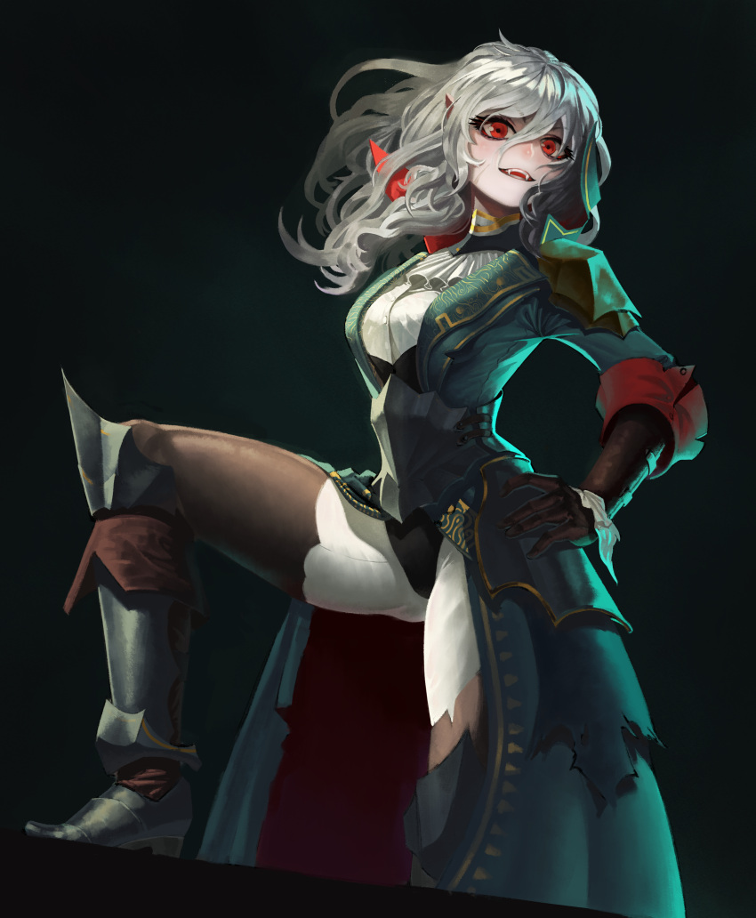 1girl, absurdres, armor, armored_boots, boots, brown_legwear, eyelashes, fangs, geminingen, gloves, hair_between_eyes, highres, korean_commentary, leather, leather_gloves, leg_up, long_hair, looking_at_viewer, open_mouth, pirate, pointy_ears, red_eyes, shoulder_armor, silver_hair, solo, thigh-highs, thigh_boots, total_war, total_war:_warhammer, vampire, vampire_count_(total_war), white_legwear