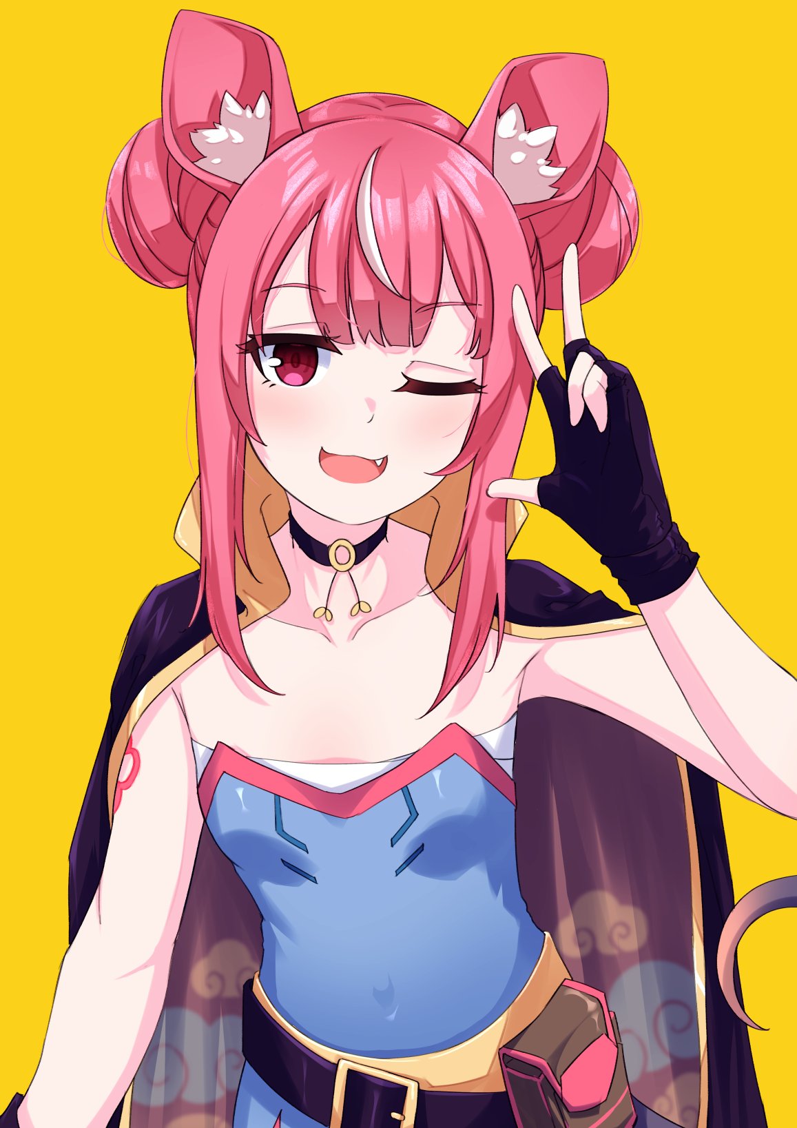 1girl, animal_ear_fluff, animal_ears, belt, black_belt, black_gloves, breasts, cape