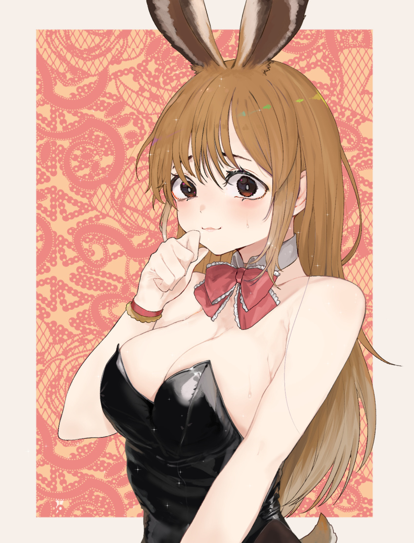 1girl, :3, alternate_costume, animal_ears, bare_shoulders, black_leotard, blush, bow