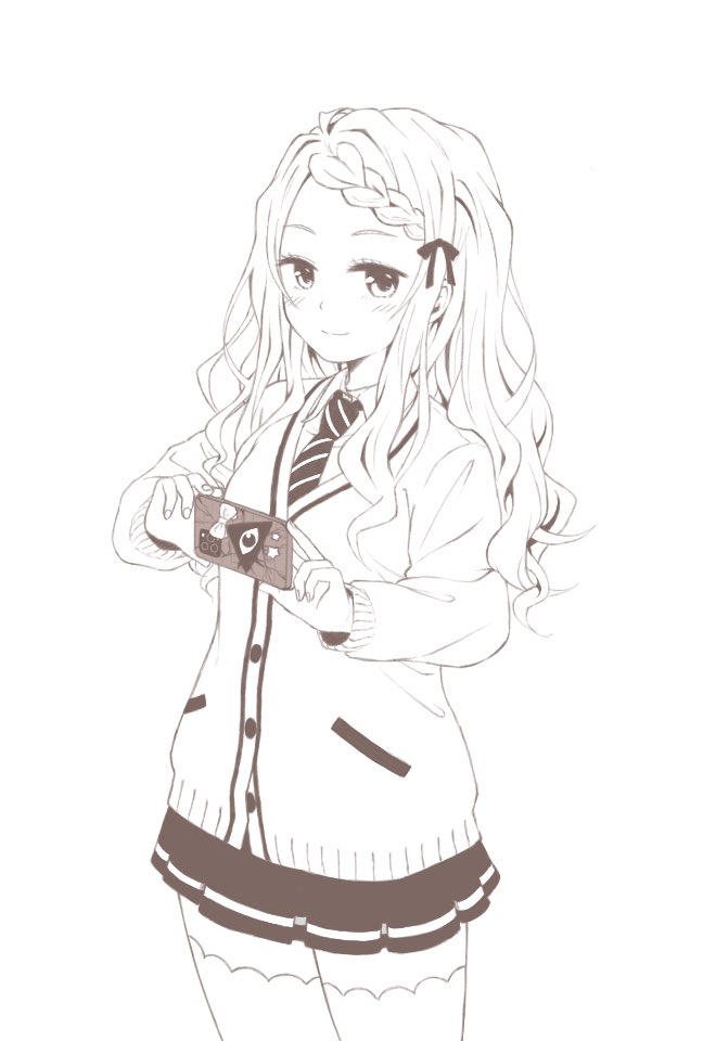 1girl, artist_request, asymmetrical_hair, ayakashi_triangle, braid, cardigan, cellphone, eyelashes, hair_ornament, hair_ribbon, happy, long_hair, looking_at_viewer, monochrome, necktie, phone, ribbon, school_uniform, shirt, simple_background, single_braid, sketch, skirt, smartphone, smile, solo, source_request, standing, thigh-highs, thighs, tsukioka_lucy, white_background