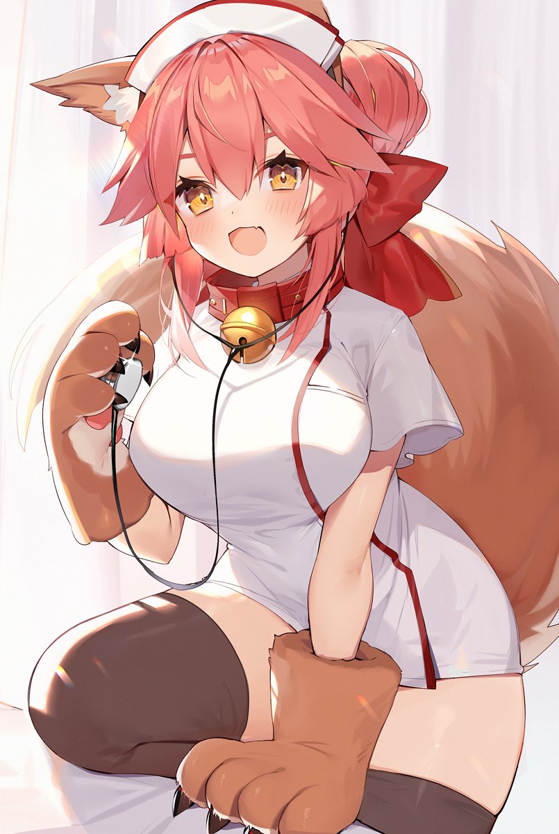 1girl, animal_ear_fluff, animal_ears, bangs, bare_legs, bed, bell, bell_collar, black_legwear, blush, breasts, cat_paws, claws, collar, commentary, curtains, dress, fang, fate/grand_order, fate_(series), fox_ears, fox_girl, fox_tail, gloves, hair_up, hat, highres, holding_stethoscope, indoors, infirmary, jingle_bell, large_breasts, long_hair, looking_at_viewer, muryotaro, nurse, nurse_cap, open_mouth, paw_gloves, paws, pink_hair, short_dress, sidelocks, skin_fang, smile, solo, stethoscope, tail, tamamo_(fate)_(all), tamamo_cat_(fate), thigh-highs, yellow_eyes