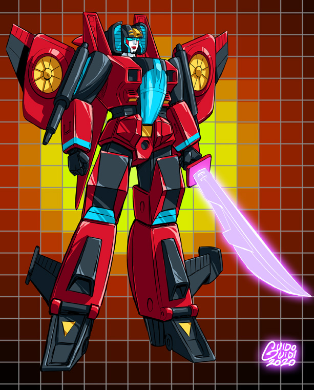 1980s_(style), 1girl, airplane_wing, artist_name, autobot, clenched_hands, energy_sword, english_commentary