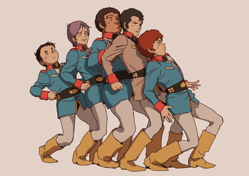 amuro_ray, beige_background, black_hair, boots, bright_noa, brown_hair, clenched_hand, earth_federation