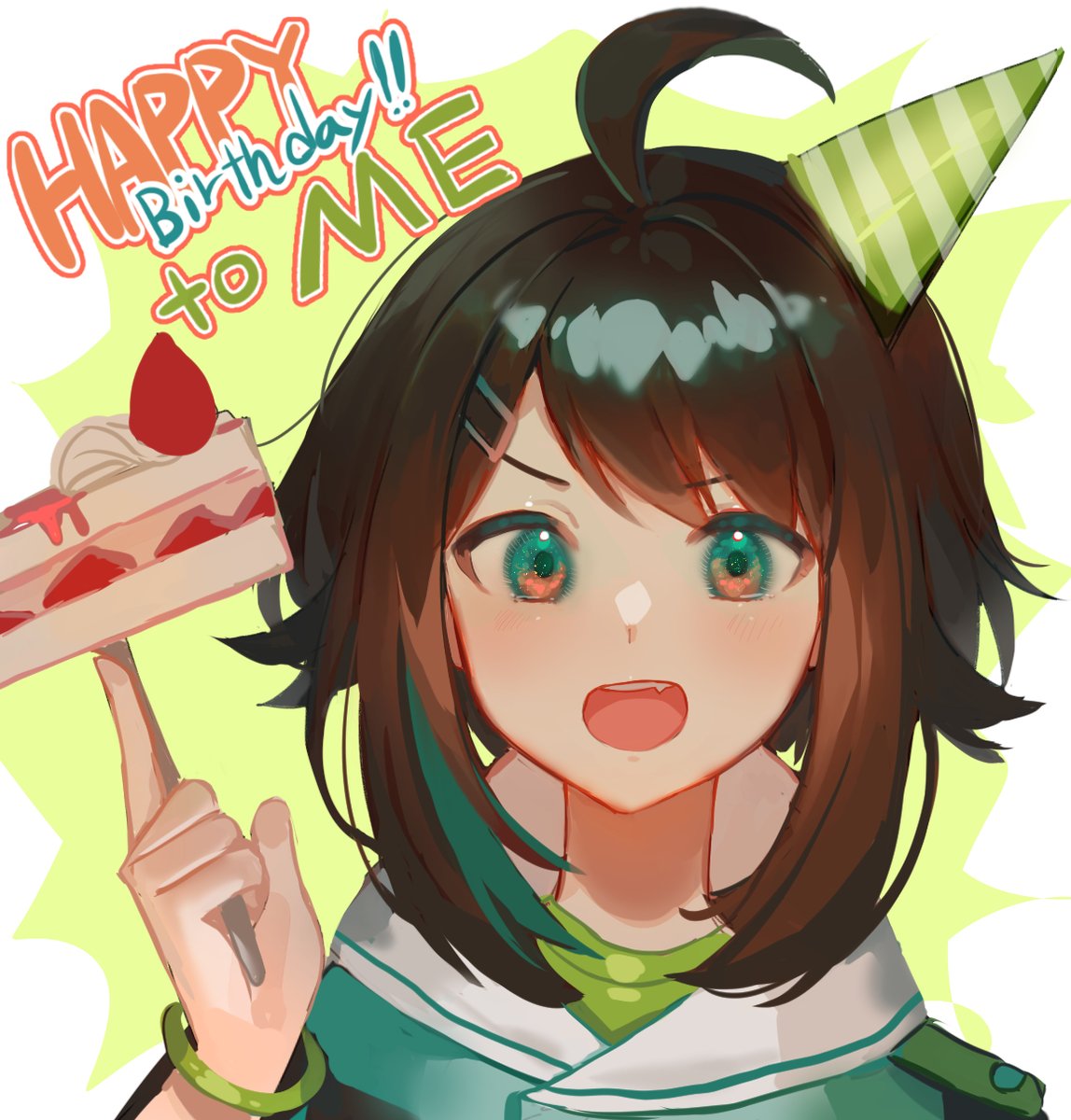1girl, ahoge, aqua_hair, bangs, bracelet, brown_hair, cake, eyebrows_behind_hair
