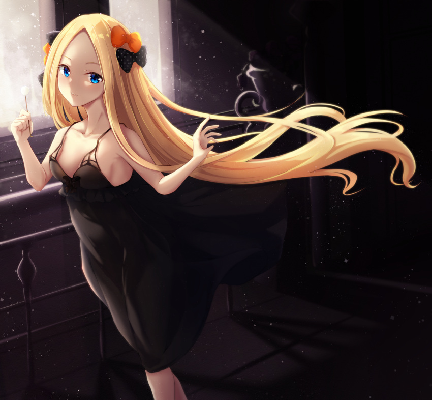 1girl, abigail_williams_(fate/grand_order), bangs, bare_shoulders, black_dress, blonde_hair, blue_eyes, blush
