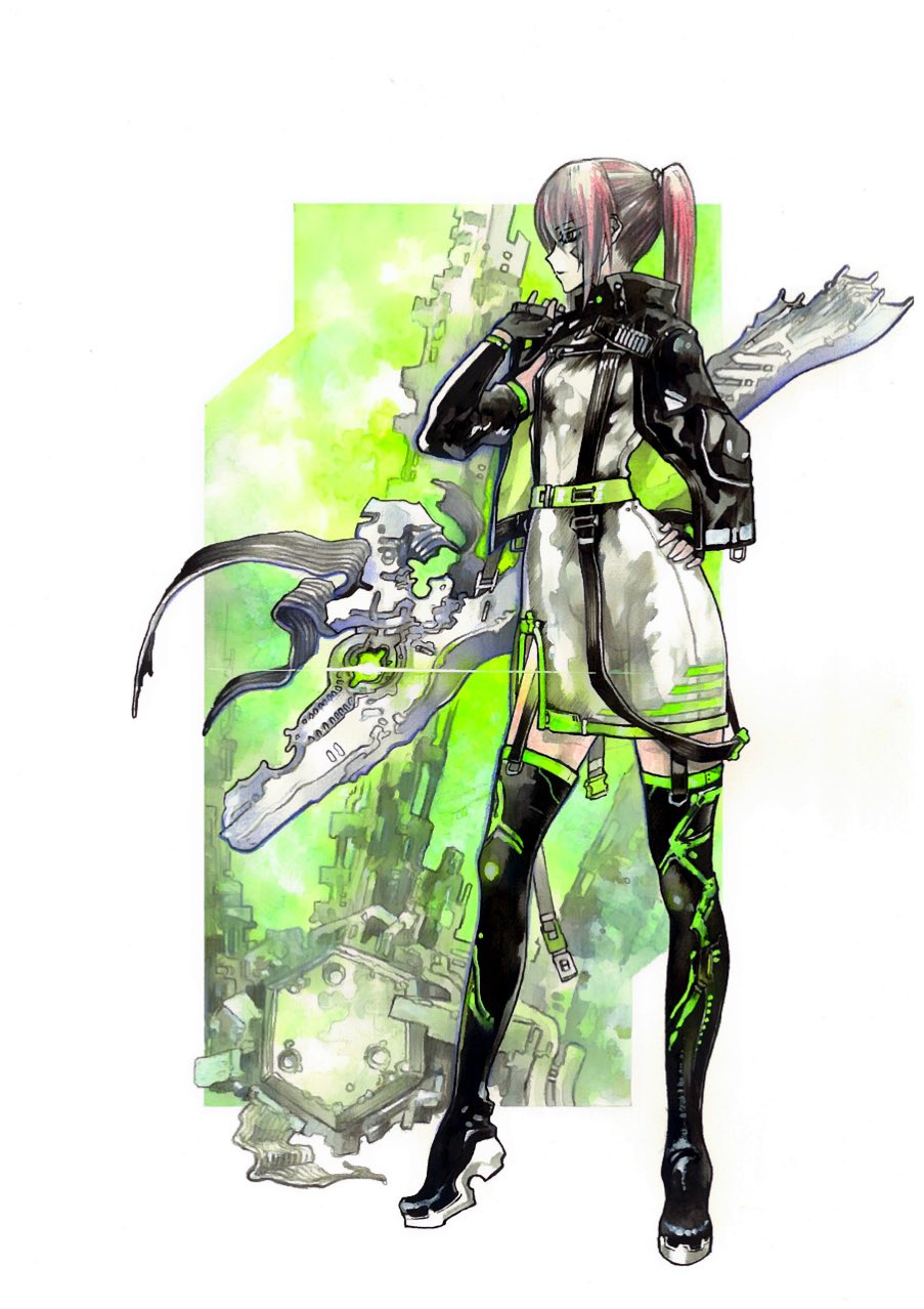 1girl, black_gloves, black_hair, boots, breasts, capelet, detached_sleeves, dress