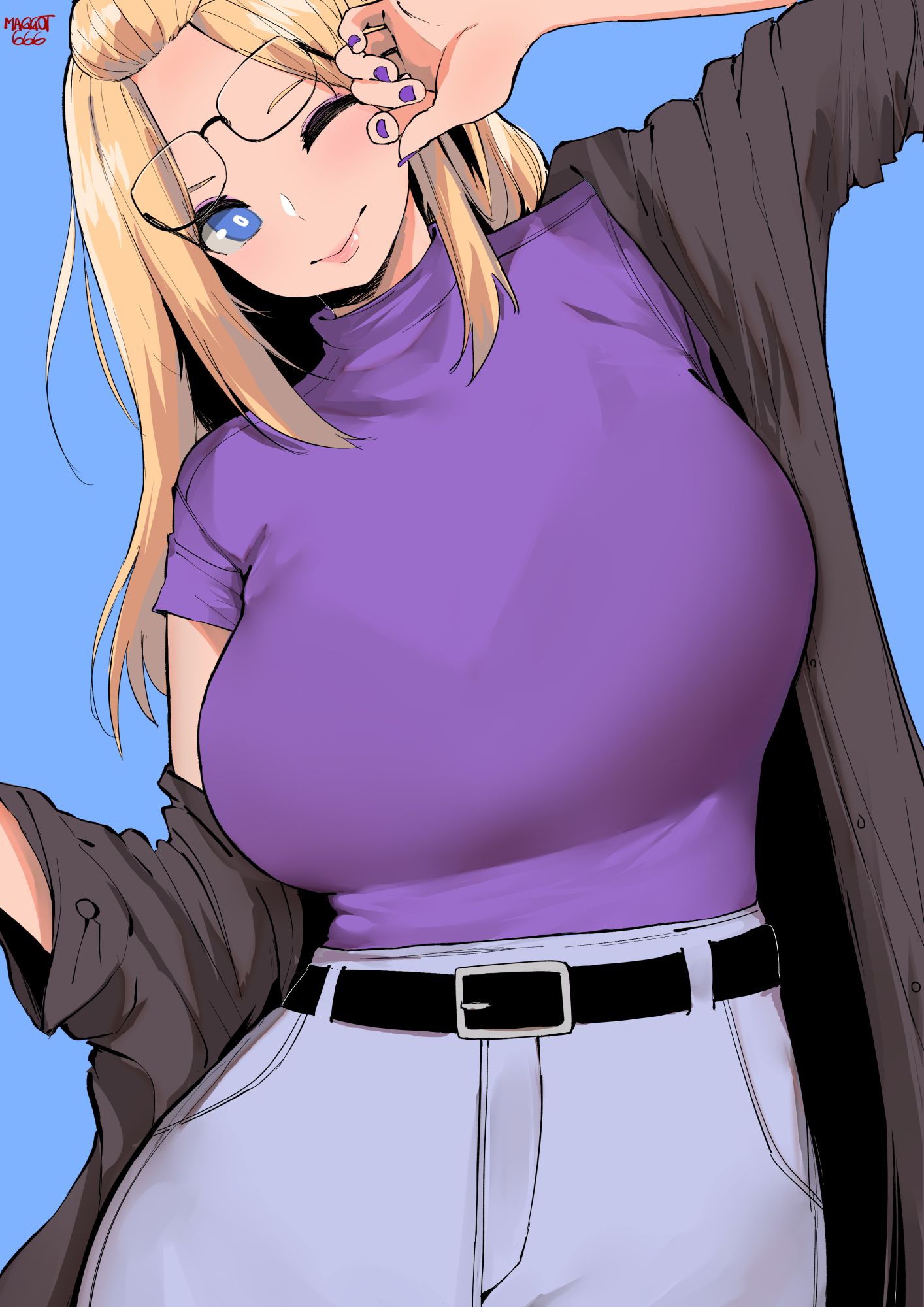 1girl, ;), bangs_pinned_back, belt, blonde_hair, blue_background, blue_eyes, bralines