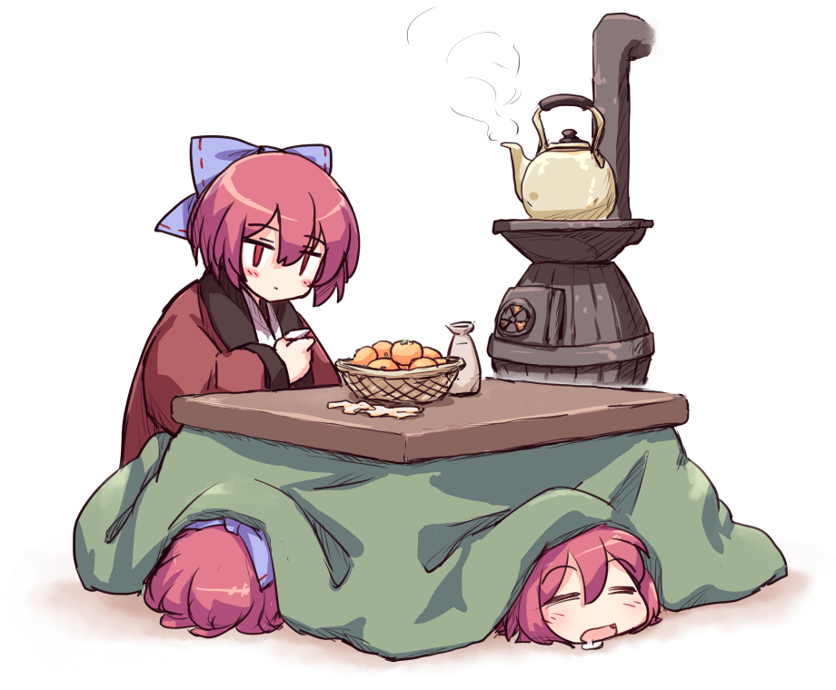 1girl, basket, blush, bow, closed_eyes, commentary, cup, disembodied_head