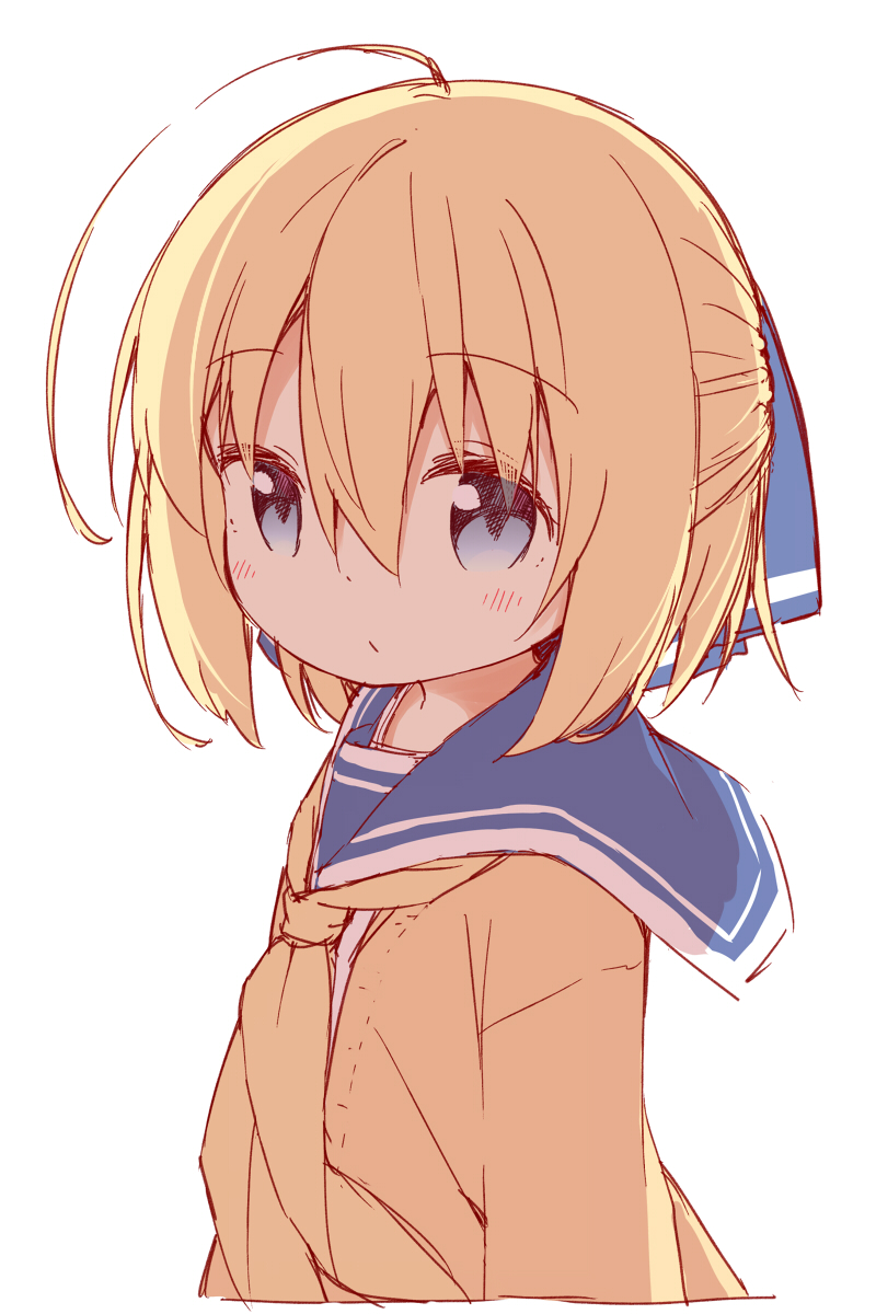1girl, ahoge, ayanepuna, backlighting, bangs, blonde_hair, blue_eyes, blue_ribbon, blue_sailor_collar, blush, brown_jacket, closed_mouth, eyebrows_visible_through_hair, hair_between_eyes, hair_ribbon, highres, jacket, looking_away, neckerchief, open_clothes, open_jacket, original, ribbon, sailor_collar, school_uniform, serafuku, shirt, short_hair, simple_background, solo, upper_body, white_background, white_shirt, yellow_neckwear