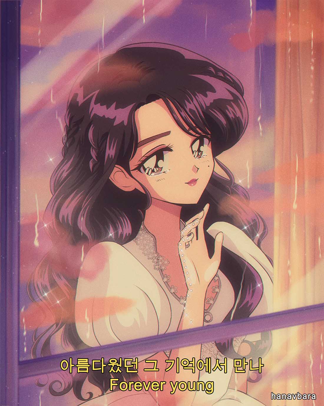 1980s_(style), 1girl, artist_name, bangs, black_hair, brown_eyes, crying, english_commentary