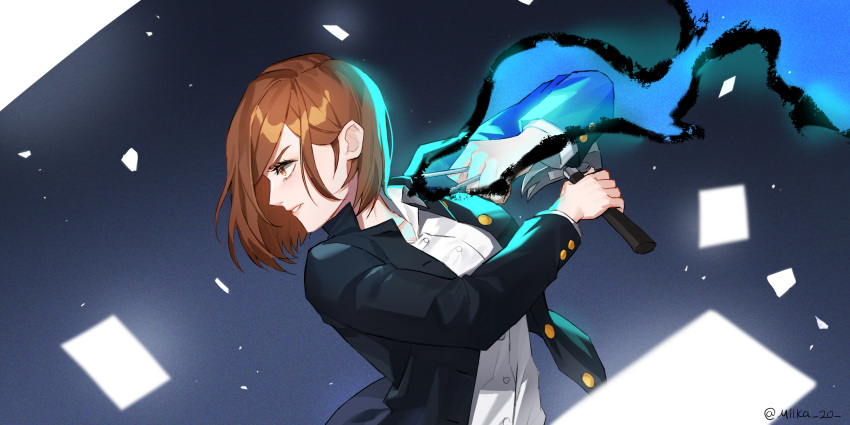 1girl, artist_name, aura, brown_hair, fighting_stance, gakuran, grey_background, hammer