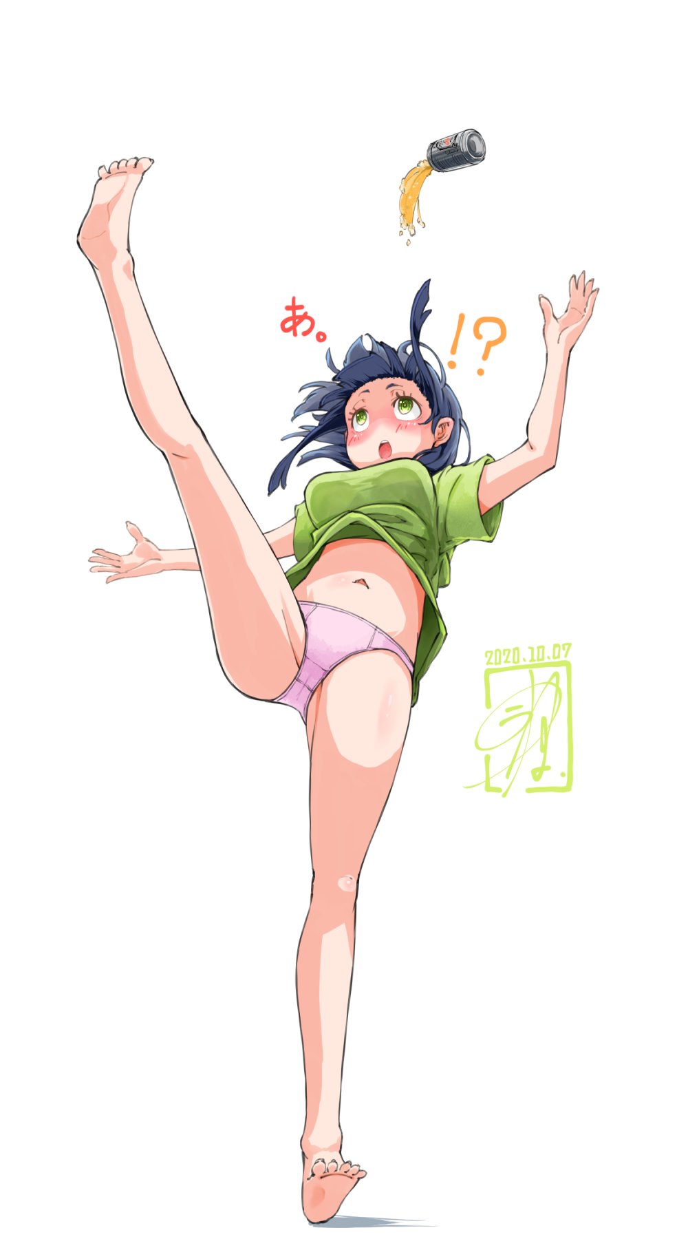 !?, 1girl, arms_up, asahi_breweries, bare_shoulders, barefoot, beer_can, black_hair