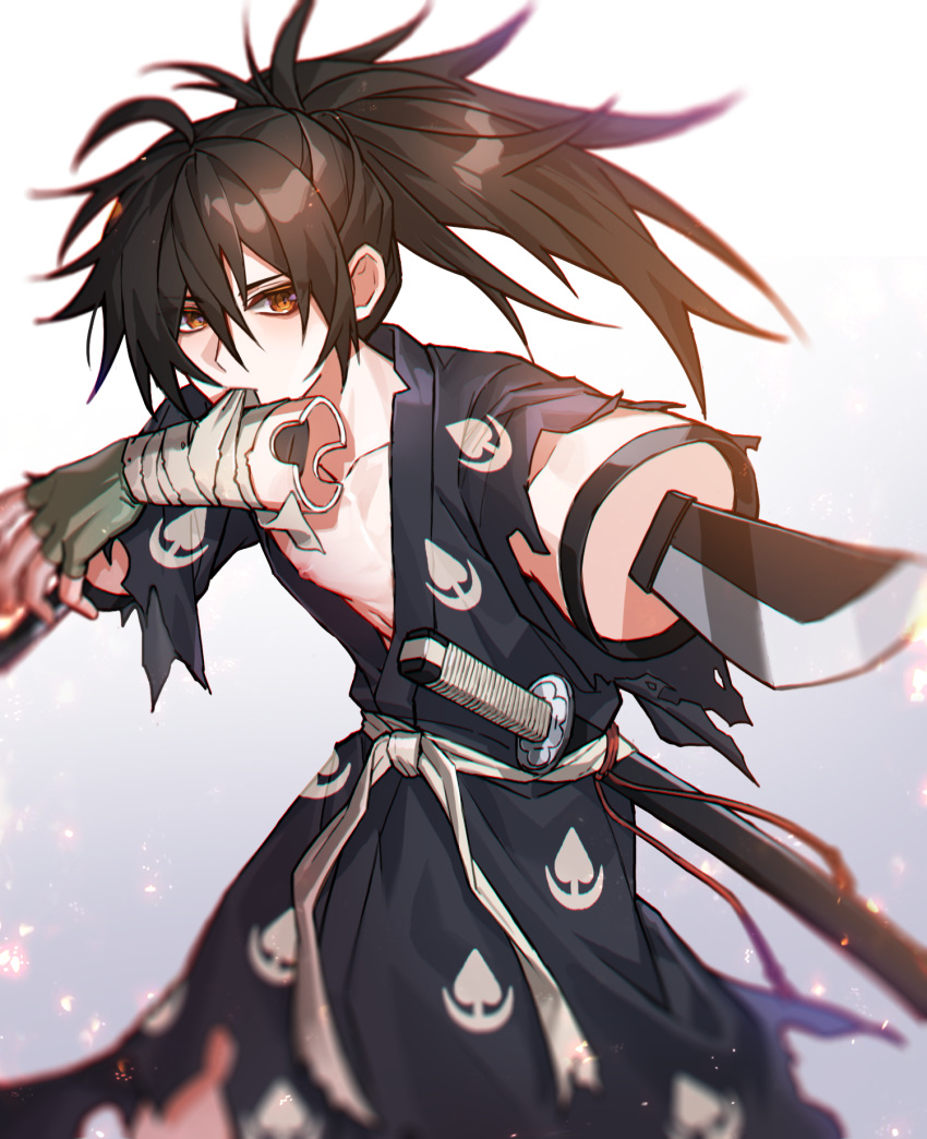 1boy, amputee, black_hair, brown_eyes, dororo_(tezuka), gradient, gradient_background, hair_between_eyes