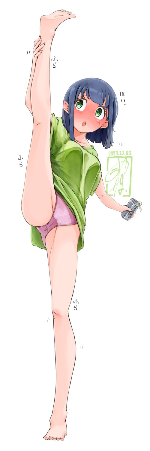 1girl, arm_up, asahi_breweries, balancing, bare_shoulders, barefoot, beer_can, black_hair