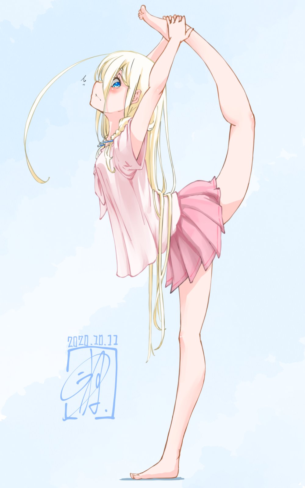 1girl, ahoge, arched_back, arms_up, barefoot, biting, blonde_hair, blue_background, blue_eyes, blush, dated, eyelashes, flexible, from_side, full_body, hair_flowing_over, hands_clasped, highres, holding_own_foot, huge_ahoge, ia_(vocaloid), interlocked_fingers, kuuneru514, leg_up, legs, lip_biting, long_hair, looking_back, miniskirt, own_hands_together, parted_lips, pink_shirt, pleated_skirt, pose, red_skirt, shirt, shirt_overhang, short_braid, signature, skirt, solo, translated, very_long_hair, vocaloid