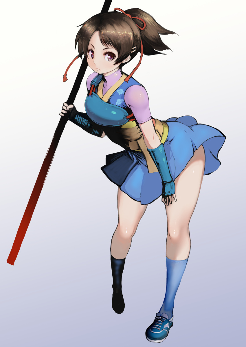 1girl, blue_footwear, blue_gloves, blue_legwear, blue_skirt, brown_hair, closed_mouth, elbow_gloves, fingerless_gloves, frown, gloves, gradient, gradient_background, hair_ornament, hair_ribbon, hairclip, highres, holding, holding_staff, johan_(johan13), kneehighs, miniskirt, muneate, nanase_(street_fighter), pink_eyes, ponytail, red_ribbon, revision, ribbon, sash, shoelaces, shoes, short_sleeves, skirt, sneakers, solo, staff, street_fighter, street_fighter_ex_(series), turtleneck