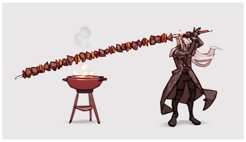 1boy, barbecue, black_coat, black_footwear, black_pants, boots, coat, final_fantasy, final_fantasy_vii, food, grey_background, highres, kebab, long_coat, long_hair, male_focus, masamune_(ffvii), mundane_utility, nin_nakajima, pants, sephiroth, silver_hair, simple_background, smoke, super_smash_bros., sword, very_long_hair, weapon
