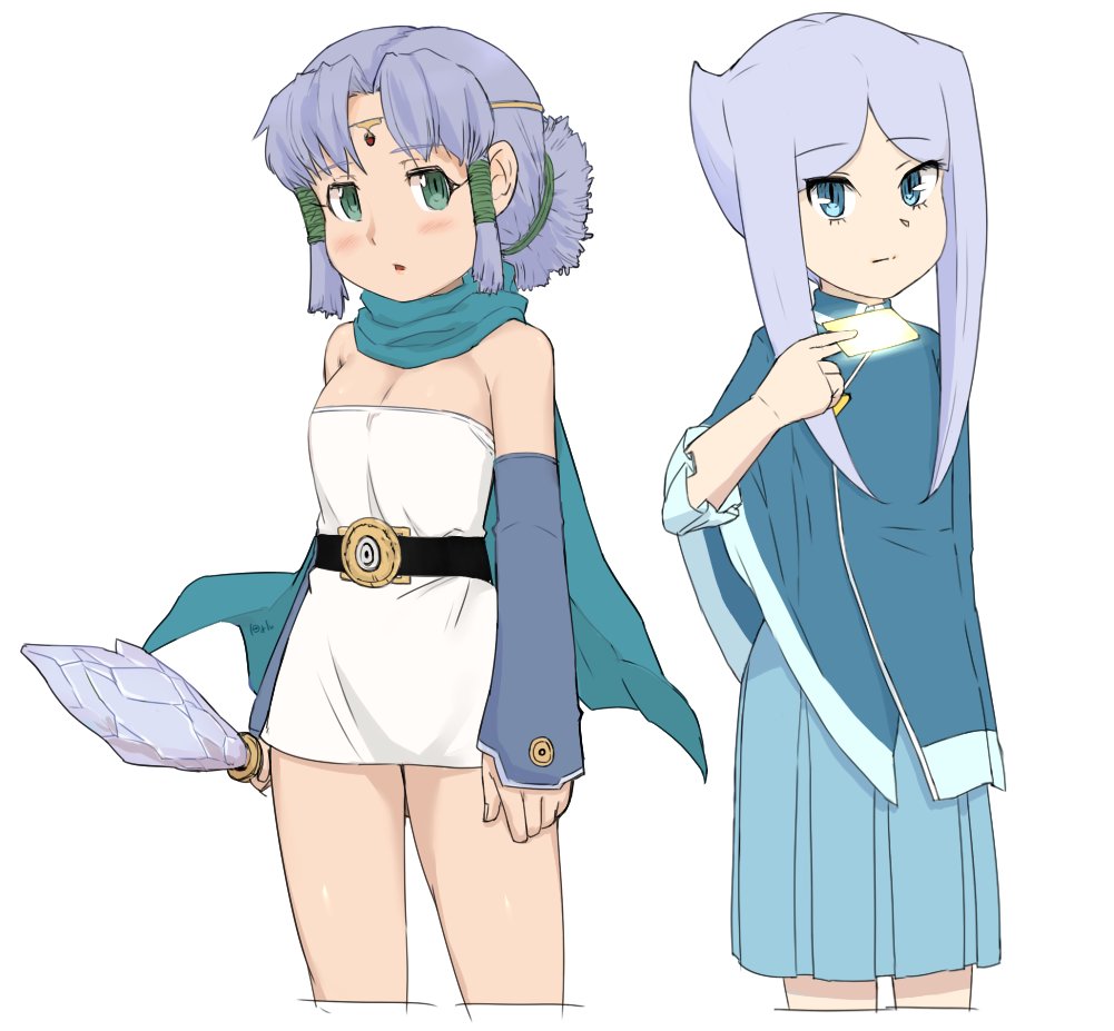 2girls, blue_eyes, blush, breasts, circlet, closed_mouth, dragon_quest, dragon_quest_monsters