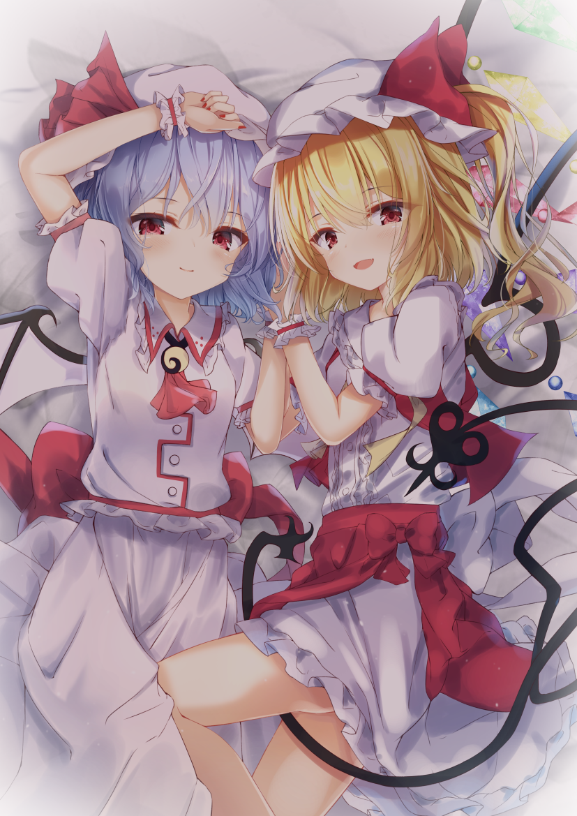 2girls, arm_on_head, bat_wings, blonde_hair, blue_hair, breasts, brooch, commentary_request
