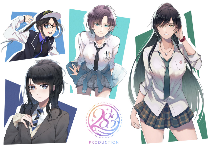 4girls, asakura_tooru, bangs, baseball_cap, black-framed_eyewear, black_hair, black_headwear, black_neckwear, black_shirt, blazer, blue_cardigan, blue_eyes, blue_nails, bracelet, cardigan, closed_mouth, collared_shirt, cowboy_shot, dog_tags, dress_shirt, glasses, gradient_hair, green_neckwear, green_skirt, grey_jacket, grin, hair_between_eyes, half_updo, hat, high_ponytail, highres, idolmaster, idolmaster_shiny_colors, jacket, jewelry, kazano_hiori, long_hair, loose_necktie, miniskirt, mitsumine_yuika, multicolored_hair, multiple_girls, nail_polish, necklace, necktie, open_clothes, open_jacket, pen_in_pocket, plaid, plaid_skirt, pleated_skirt, ponytail, randompeeps, school_uniform, shirase_sakuya, shirt, short_hair, skirt, sleeves_rolled_up, smile, standing, striped, striped_neckwear, thighs, tied_sweater, twintails, untucked_shirt, white_background, white_shirt, yellow_eyes