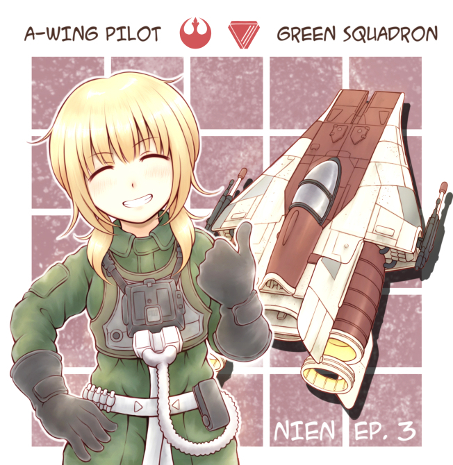 ^_^, a-wing, black_gloves, blush, closed_eyes, gloves, hand_on_hip, nosh, pilot_suit, rebel_pilot, rz-1_a-wing, science_fiction, smile, space_craft, star_wars, starfighter, thumbs_up