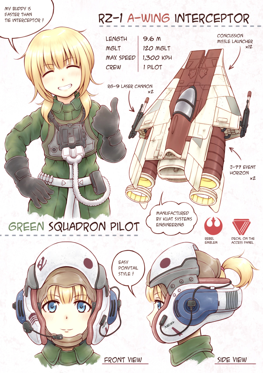 1girl, ^_^, a-wing, absurdres, black_gloves, blonde_hair, blush, closed_eyes, english_text, gloves, helmet, highres, huge_filesize, looking_at_viewer, multiple_views, nosh, pilot_suit, ponytail, rebel_pilot, rz-1_a-wing, smile, space_craft, speech_bubble, star_wars, starfighter, thumbs_up