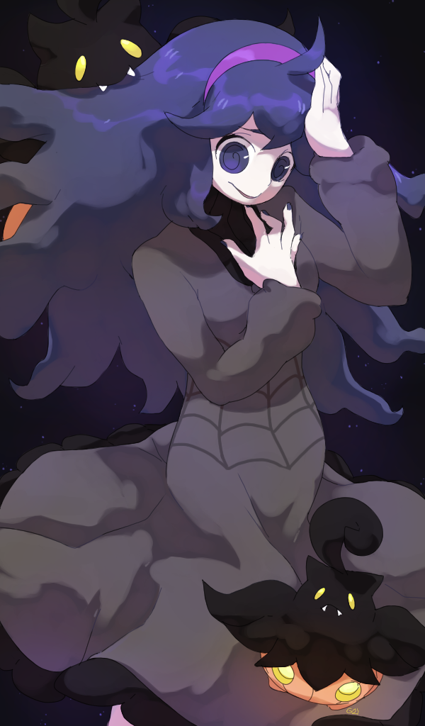 1girl, black_dress, commentary, creature, dress, english_commentary, fangs, gen_6_pokemon