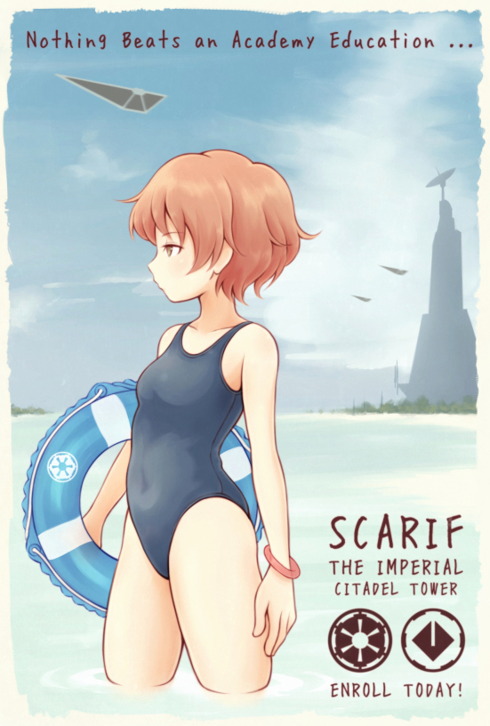 1girl, bracelet, breasts, brown_eyes, english_text, flying, from_side, galactic_empire, innertube, jewelry, looking_ahead, nosh, one-piece_swimsuit, orange_hair, original, propaganda, rogue_one:_a_star_wars_story, scarif, short_hair, small_breasts, space_craft, star_wars, starfighter, swimsuit, tie_striker, tomboy, tower